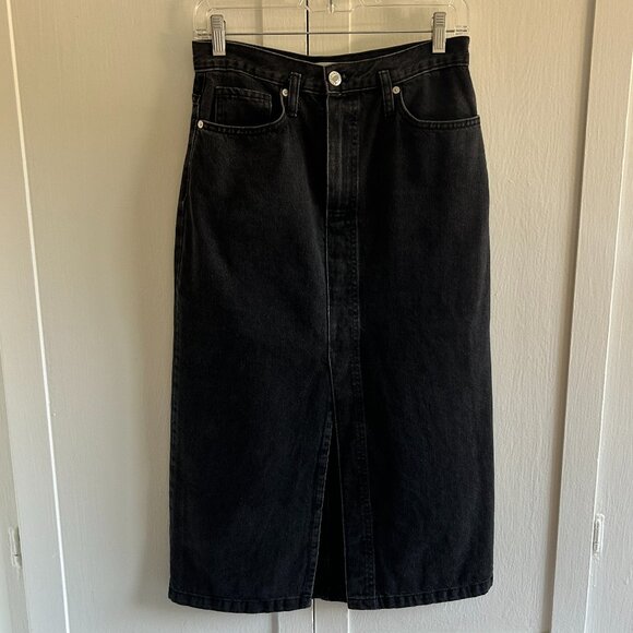 Used Mango Black Denim Midi Skirt (Sz S) - Picture 1 of 4